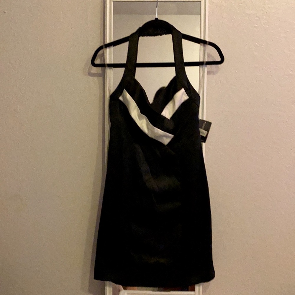 New! Teeze Me. Black satin A-line halter dress, white stripe details. Size 5.